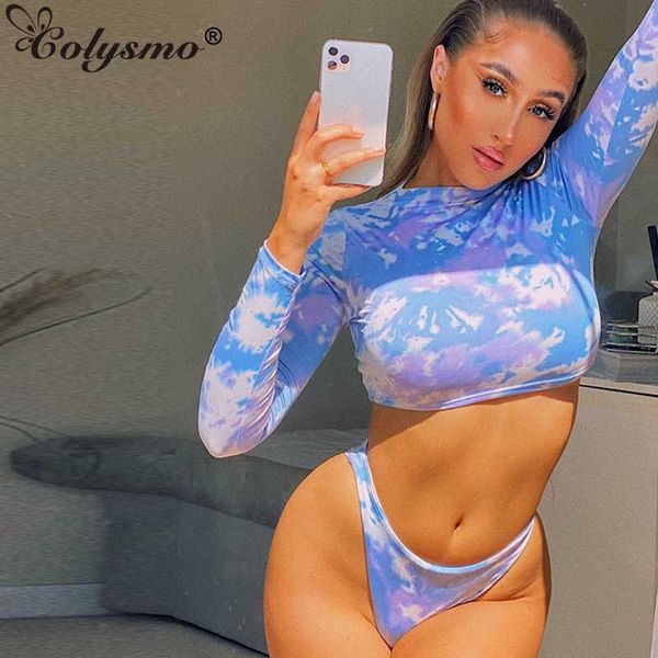 

colysmo tie dye bikini set long sleeve high waist thong print swimsuit women brazilian biquini beach loungewear 210527, White;black