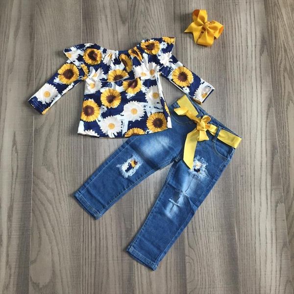

fall winter baby girls children clothes outfits shoulderless sunflower tie jeans depants cotton ruffles match bow, White