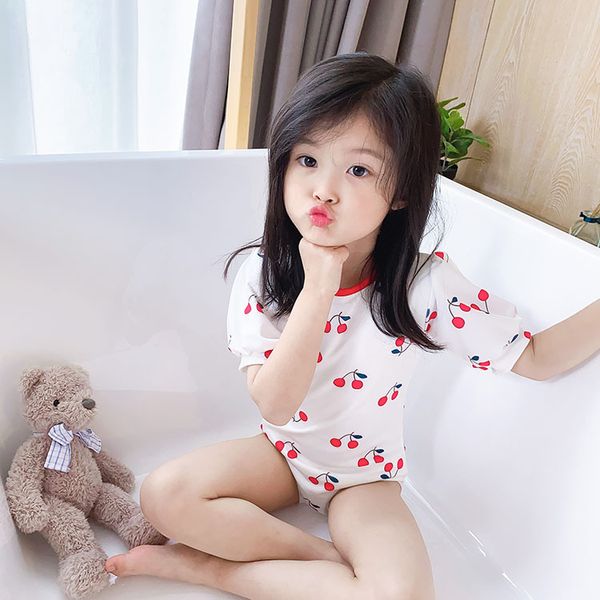 

korean girls' 2021 bubble sleeve children's new cherry print one piece contrast swimsuit, White;black