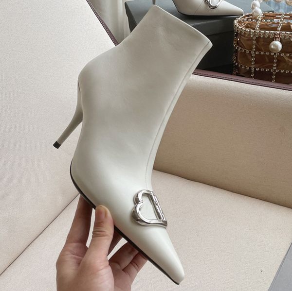 

womens designer high heeled ankle boots pointed toe slim with metal diamond buckle black white size35-39