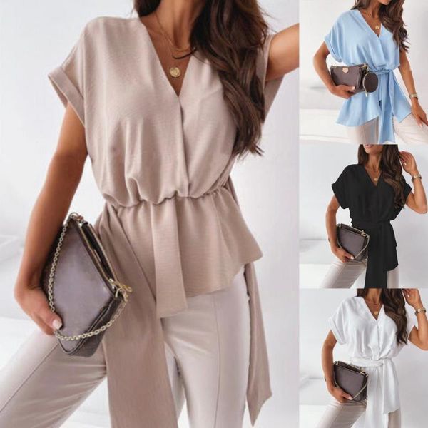 

women t-shirt long sleeve summer casual solid color short v neck bandage loose work shirts women's clothing, White