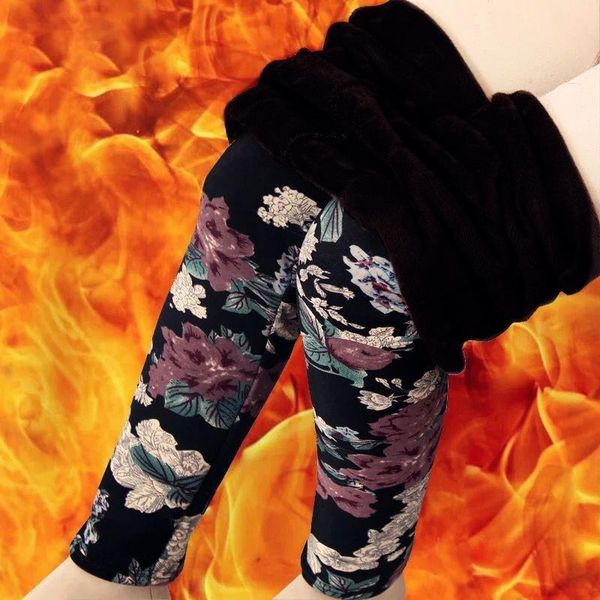 

winter velvet high waist women leggings keep nylon warm pants printed flowers skinny casual mom pant, Black