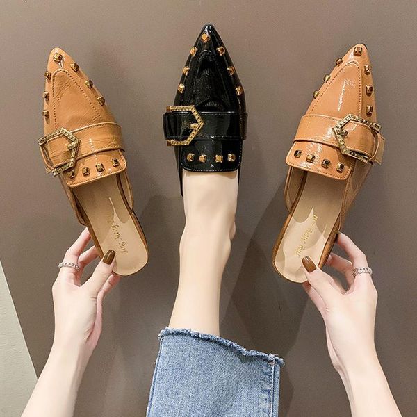 

mules for women 2021 ladies' slippers shoes pantofle low rivet cover toe square heel luxury slides flat block designer, Black