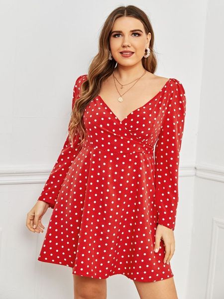 

Plus size Dresses 2021 Temperament Wave Point V-ne Large, Red