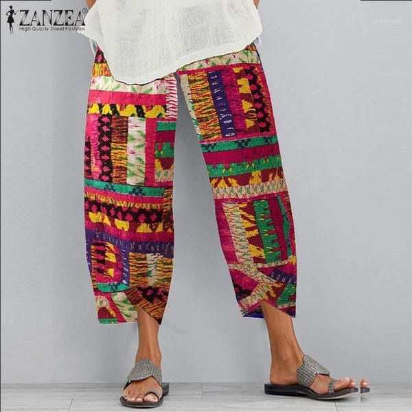

women's pants & capris women's 2022 summer harem vintage printed long trousers women casual elastic high waist turnip pantalon fem, Black;white