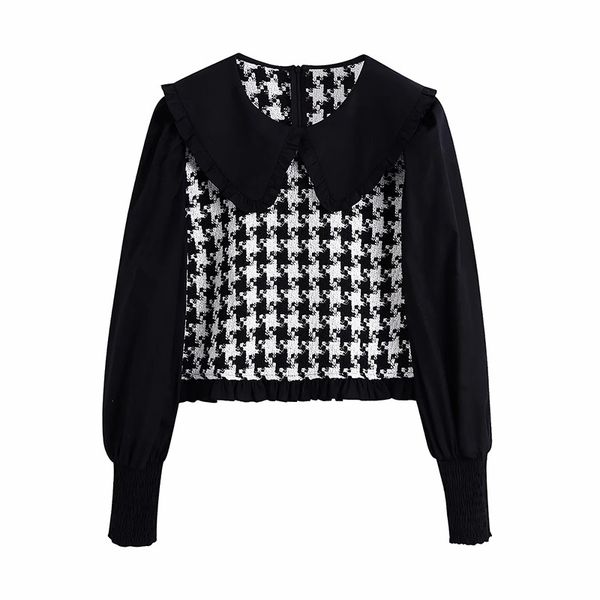 

autumn lady small fragrance retro temperament sweet houndstooth stitching puff sleeve women shirt 210520, White