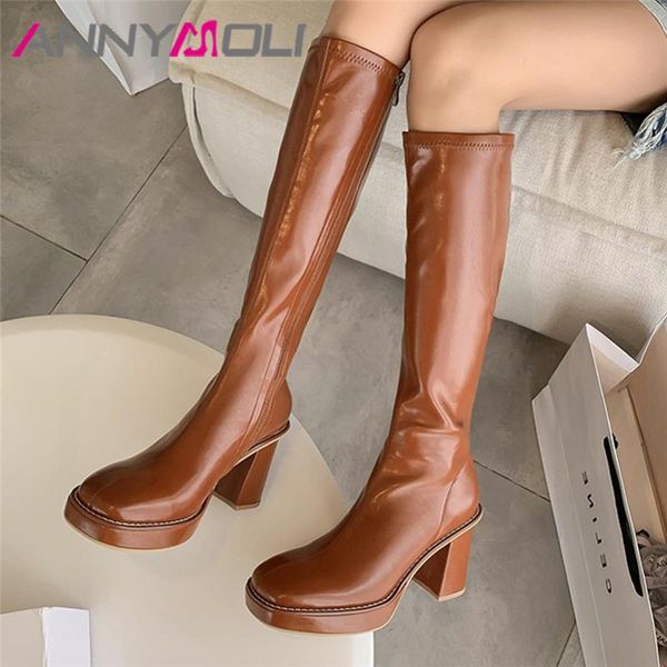 

boots annymoli women real leather knee high platform heel shoes chunky zipper ladies 2021 fashion autumn black