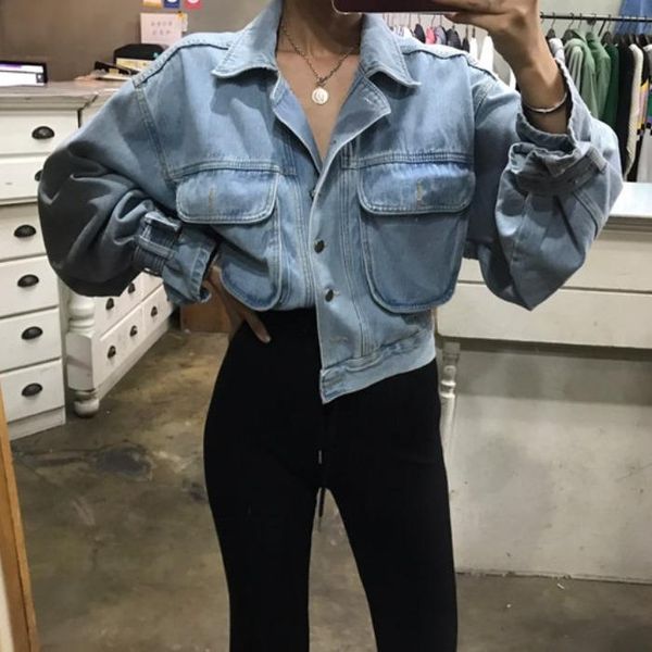 

women's jackets spring and autumn denim pockets high-waisted lantern sleeve loose cowboy short coats women fashion streetwear 2021, Black;brown