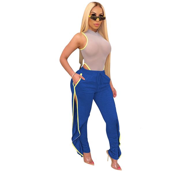 

summer autumn fashion women casual pants side stripes and split ruffles loose sports trousers elastic waist with pockets female, Black;white