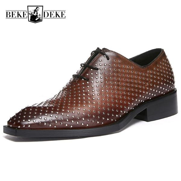 

british style business 2021 spring mens square toe lace up vintage non-slip cowhide rivet low-fashion dress shoes, Black