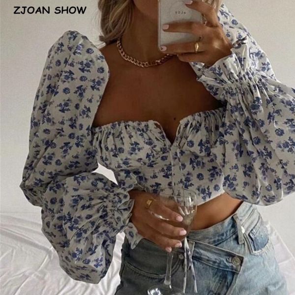 

women's blouses & shirts 2021 vintage blue white floral print crop shirt women square neck back zipper long sleeve slim fit b