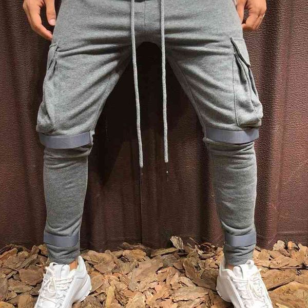 

2020 casual solid color large pocket webbing decorative sportswear men's pants, Black