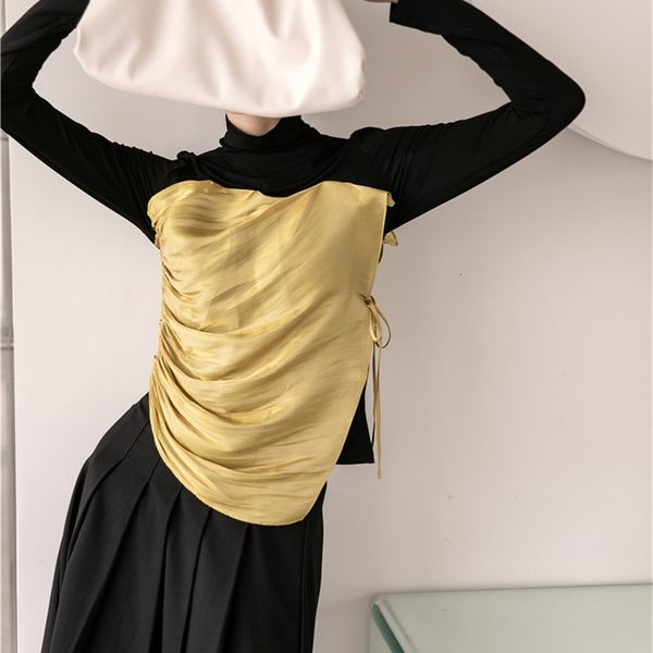 

women's knits & tees drawstring glitter ruched long sleeve blouse women turtleneck patchwork ladies designer korean fashion hd, White