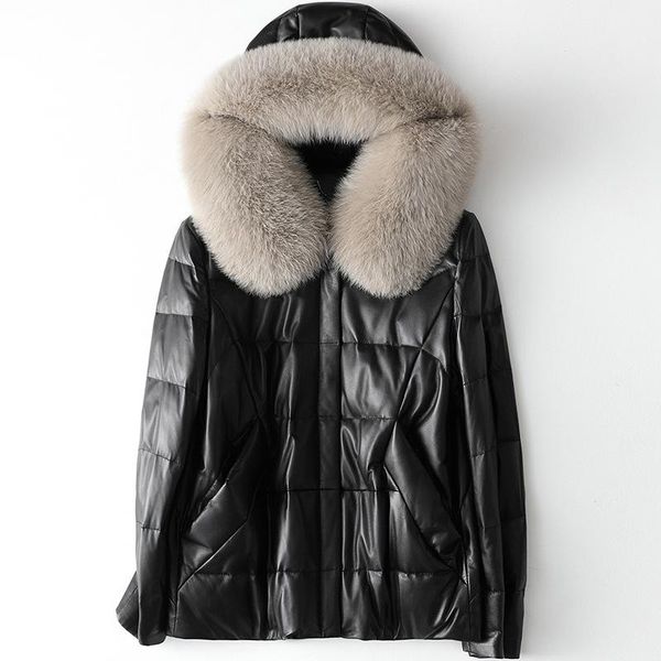 

women's leather & faux long term stock] 2021 sheep skin down jacket autumn and winter haining hair hooded women, Black