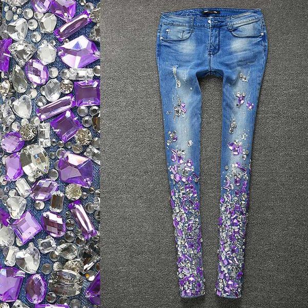 

women's jeans rhinestones sequins women silver diamond skinny pencil plus size 5wyf, Blue