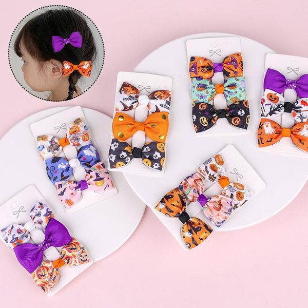 

hair accessories 3pcs/set halloween girls bow clips ghost witch hat pumpkin print hairpins hairgrips for kids headwear, Slivery;white