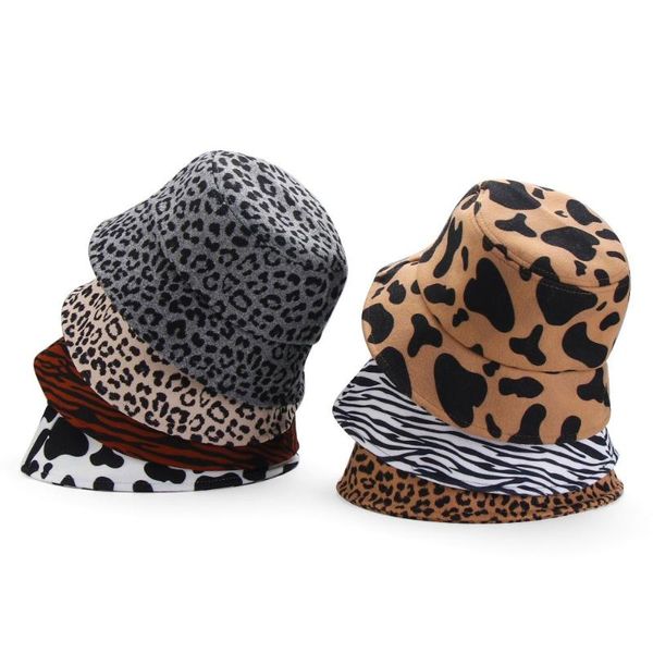 

outdoor hats adjustable casual milk cow print thicken bucket hat for women fisherman leopard caps, Black;white