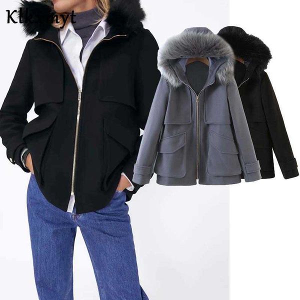 

klkxmyt za winter jacket women fashion fur collar hooded coat vintage long sleeve pockets female outerwear chic 210527, Black;brown