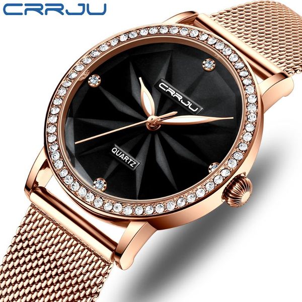 

relogio feminino crrju women watch fashion casual quartz watches waterproof stainless steel mesh dress clock for girl wristwatches, Slivery;brown