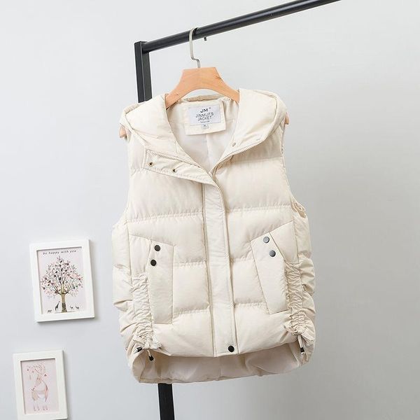 

women's vests 2021 autumn winter women casual cotton coats fashion female thick warm sleeveless jacket zipper soild hooded waistcoat t7, Black;white