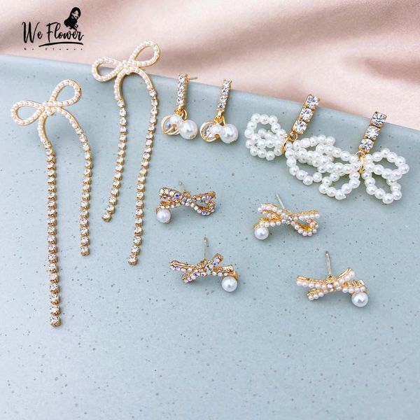 

stud we flower romantic crystal pearl bowknot earrings for women vintage gold korean engagement party brincos jewelry, Golden;silver