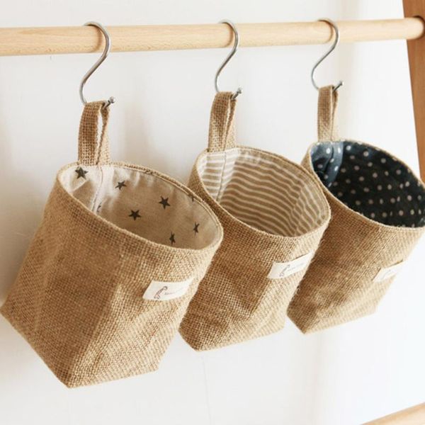 

storage bags japanese style yellow cotton linen bag hanging wall behind the door small pocke dormitory ba