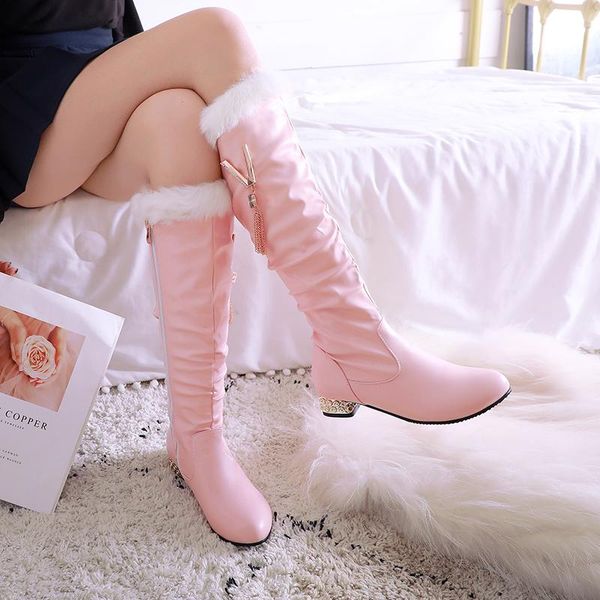 

sandals winter warm knee high boots women platform wedges heels snow slip on ladies shoes white black pink