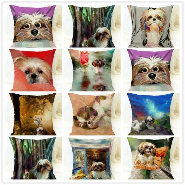 Cartoon Cute Dog pittura a olio Shih Tzu cuscino cuscino foresta autunnale cuscino/decorativo