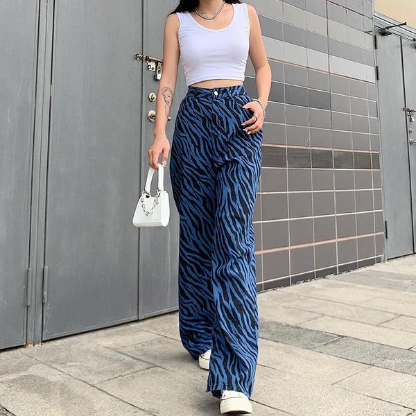

women's jeans 2021 summer autumn wide leg loose striped pants blue high waist casual harajuku trousers women streetwear sweatpants