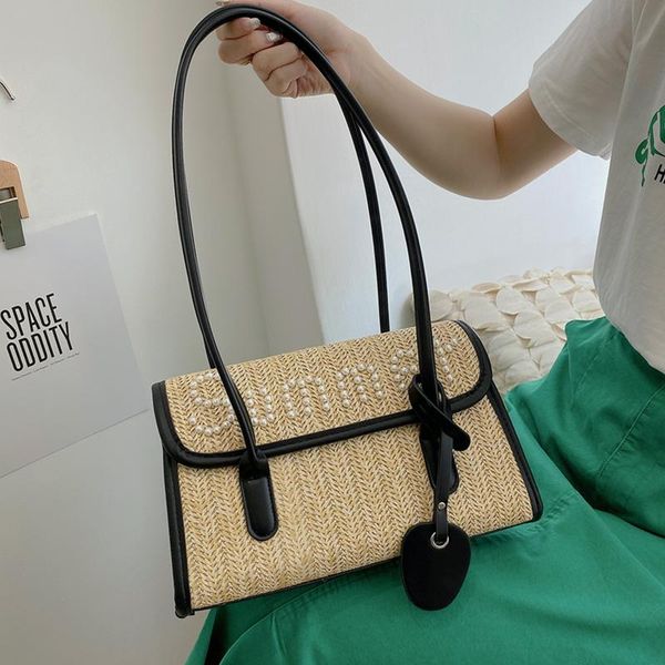 

evening bags women straw weave shoulder bag summer style pearl decorate tote brand designer beach handbag lady handle sac a main