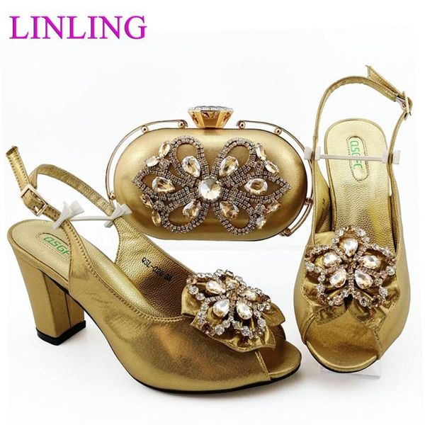 

special flower style decoration golden color italian design 2021 nigeiran fashion party elegant ladies shoes and bag set dress, Black
