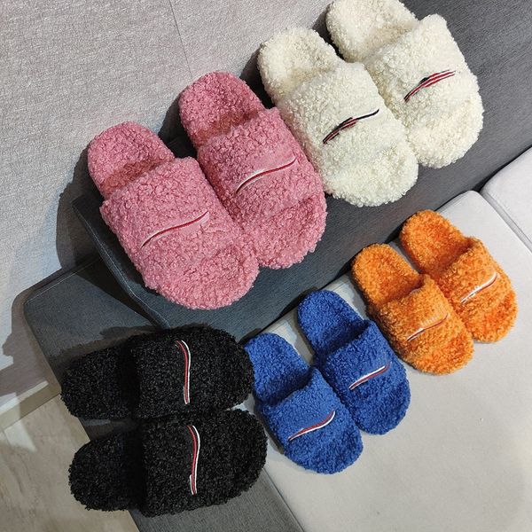 

fashion luxury slippers designer slide winter warm wool furry slides women shoes letters black white orange pink fur womens ladies sneakers