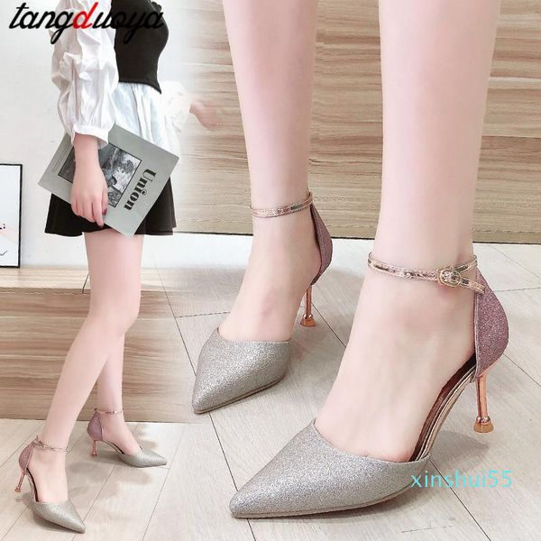 

dress shoes women's high heels bling wedding 2021 ankle belt pump heel gradient 0420, Black