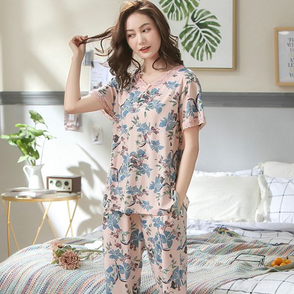 

women's sleepwear women modal pajamas set print floral pyjamas suit 2 pcs summer short sleeve loose home clothes plus size -3xl 3, Black;red