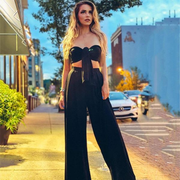 

women's tracksuits avrilyaan black pleated two piece set strapless bow long pant summer women elegant high stretch 2, Gray
