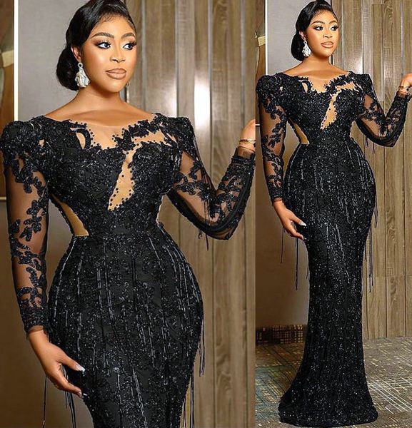 Aso Ebi 2021 Arabisch Plus Size Schwarz Luxuriöse Etui-Abschlussballkleider Spitze Perlen Sheer Neck Abend Formale Party Zweite Empfangskleider Kleid ZJ205