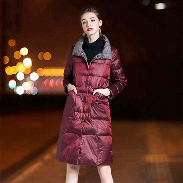 

women double sided down long jacket winter stand collar 90% white duck coat single breasted thick warm snow outwear 210430, Black