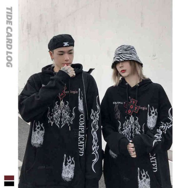 

autumn winter new hellfire print long sleeve hooded pullover bodysuit hip hop sports black high street men's and women's fashion