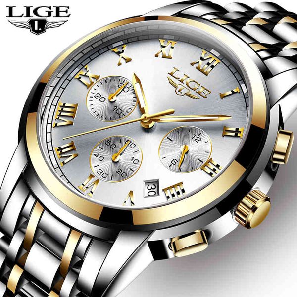 

lige men watches luxury brand full steel waterproof sport quartz watch fashion date clock chronograph relogio masculino, Silver