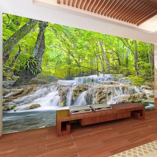 

wallpapers custom self-adhesive waterproof 3d mural wallpaper modern waterfall forest nature scenery painting living room tv sofa stickers