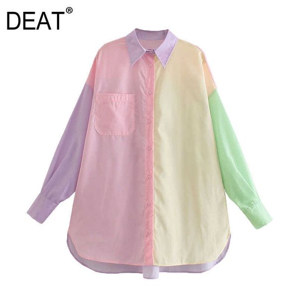 

[deat] women summer fashion single-breasted splicing long sleeve turn-down collar loose temperament shirt 13q439 210527, White
