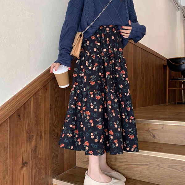 

Skirts skirts Winter Vintage Floral Corduroy Velet Cakee A-line Maxi Patchwork Thick Long Boho S B6FO, Black