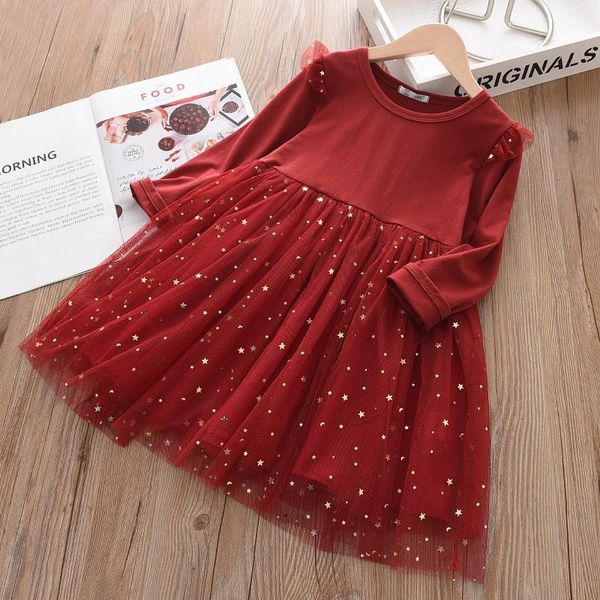 

girl's dresses autumn baby girls solid color long sleeve mesh dress party princess casual vintage children clothing vestido, Red;yellow