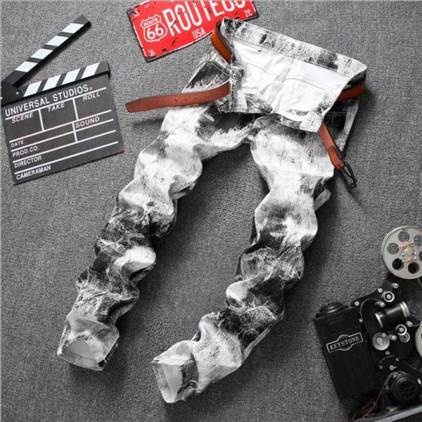 

men's jeans 2022 fashion mens cotton slim white printed men trousers casual male punk style club denim pants vaqueros hombre, Blue