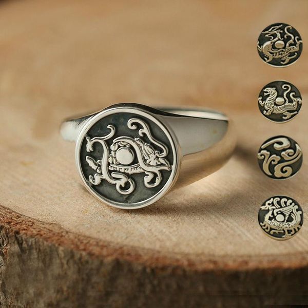 

original design of china's four ancient beast ring exaggerated domineering without inlaid enamel porcelain silver jewelry cluster rings, Golden;silver