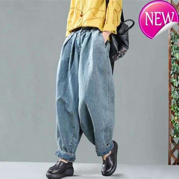 

women's pants & capris women spring jeans retro loose denim ladies elastic waist button pocket blended trousers casual knickerbockers, Black;white