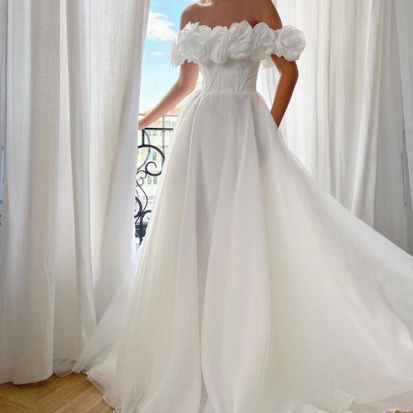 

party dresses white elegant long prom off shoulder 3d flowers tulle a-line women formal occasion wedding gowns custom made, White;black