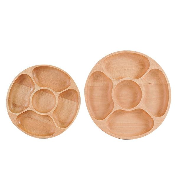 

dishes & plates wooden round divided plate dessert,snack sub-grid dish tableware tray 5 compartments(25 cm+30 cm)