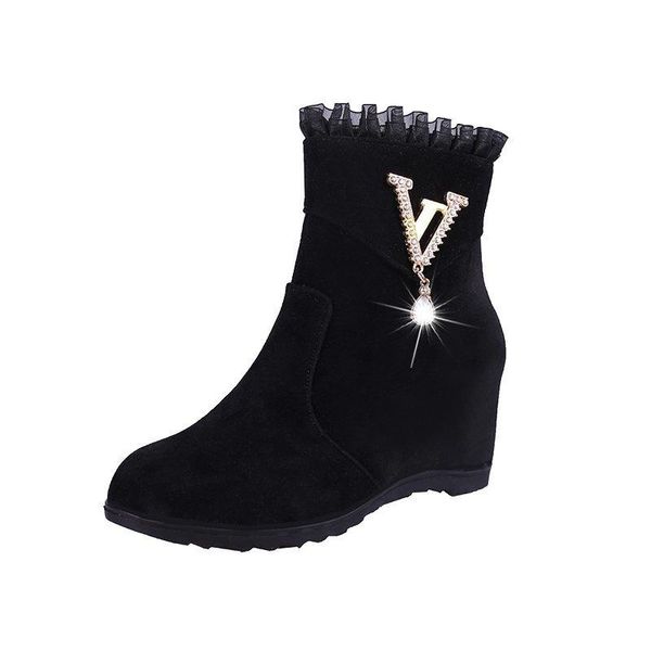 

boots women wedges short boot winter female casual shoes high heel fashion crystal botines mujer, Black