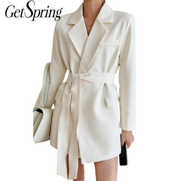 

getspring women blazer bandage black long blazers and jackets vintage casual suit coats s sleeve 210601, White;black